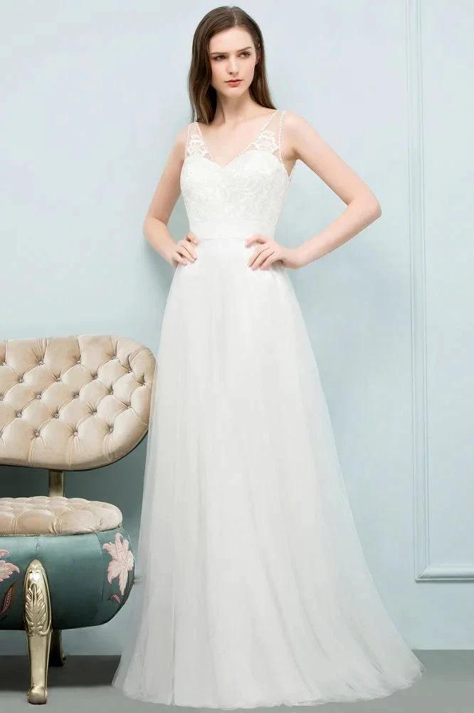 V-neck Sleeveless A-line Floor Length Lace Tulle Prom Dresses by misshow.com