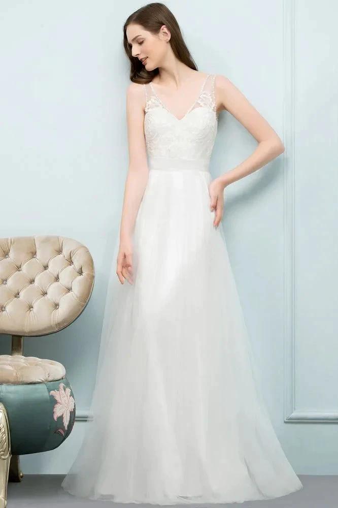 V-neck Sleeveless A-line Floor Length Lace Tulle Prom Dresses by misshow.com
