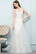 V-neck Sleeveless A-line Floor Length Lace Tulle Prom Dresses by misshow.com