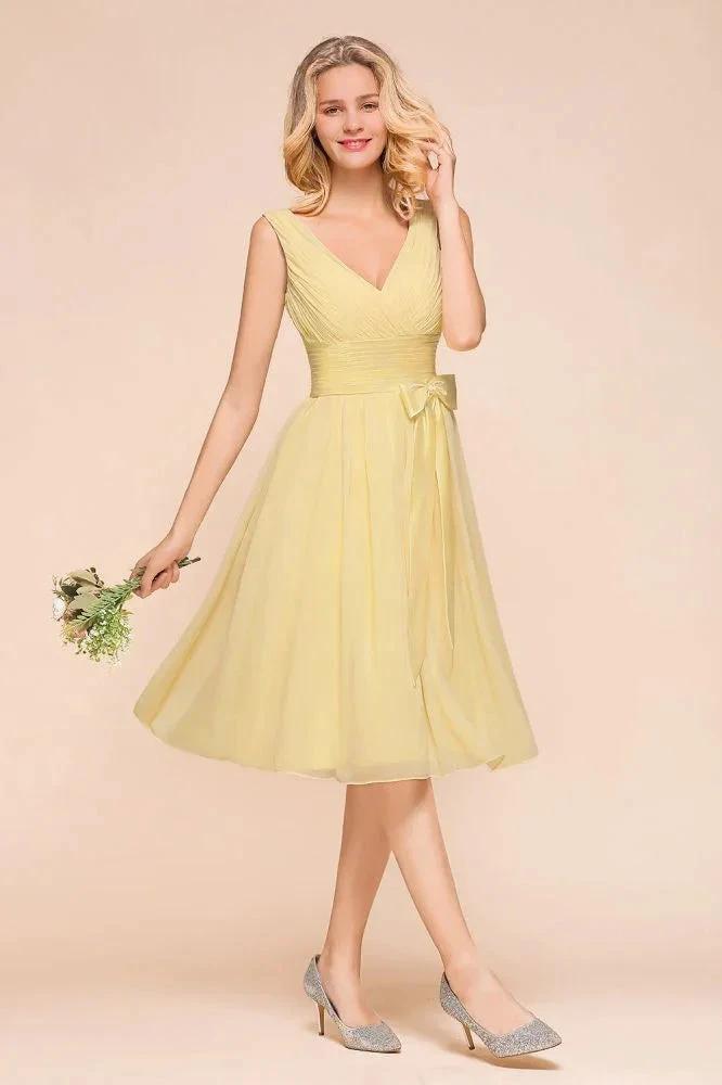 V-Neck Sleeveless A-line Mini Dress Ankle Length Bridesmaid Dress by misshow.com
