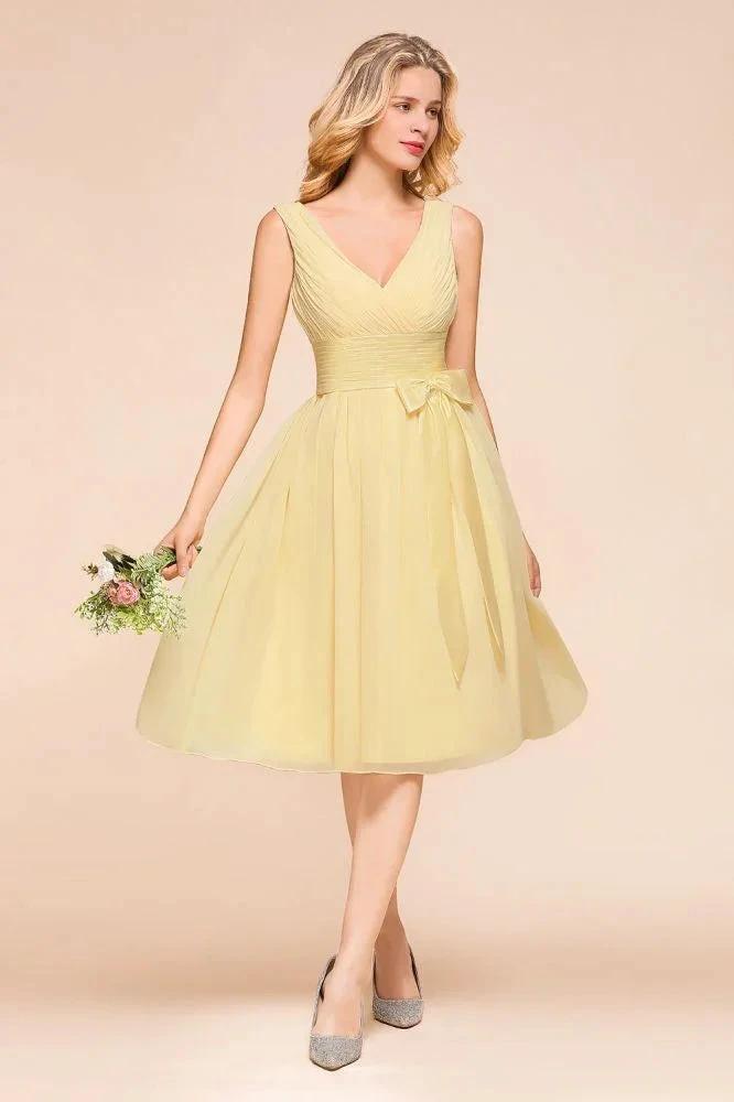 V-Neck Sleeveless A-line Mini Dress Ankle Length Bridesmaid Dress by misshow.com