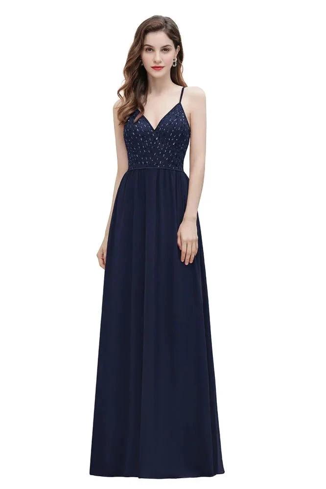 V-Neck Sleeveless Aline Evening Dress Sequins Bridesmaid Dress by misshow.com