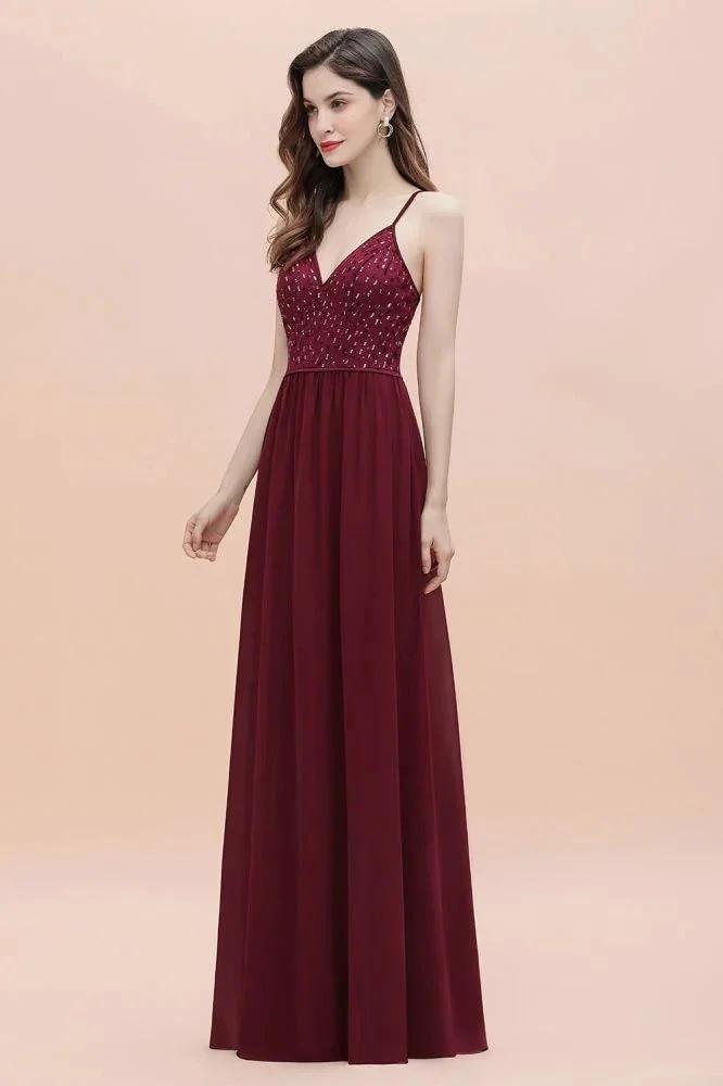 V-Neck Sleeveless Aline Evening Dress Sequins Bridesmaid Dress by misshow.com