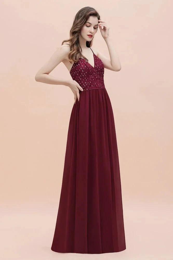 V-Neck Sleeveless Aline Evening Dress Sequins Bridesmaid Dress by misshow.com