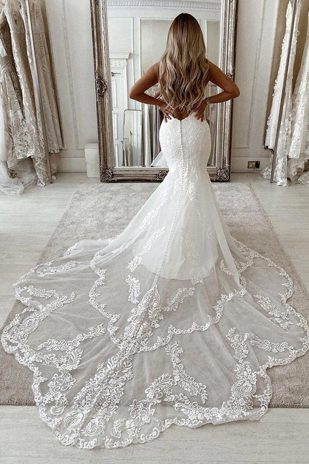 V-neck Sleeveless Appliques Lace Mermaid Floor-length Wedding Dresses Main Image