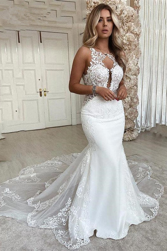 V-neck Sleeveless Appliques Lace Mermaid Floor-length Wedding Dresses Hover Image