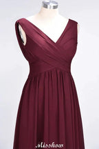 V-Neck Sleeveless Floor-Length Bridesmaid Dress Aline Ruffles Chiffon Party Gown by misshow.com