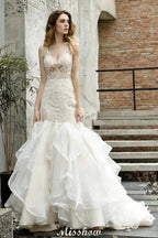 V-Neck Sleeveless Floral Lace Mermaid Bridal Gown Garden Puffy Tulle Slim Wedding Dress by misshow.com
