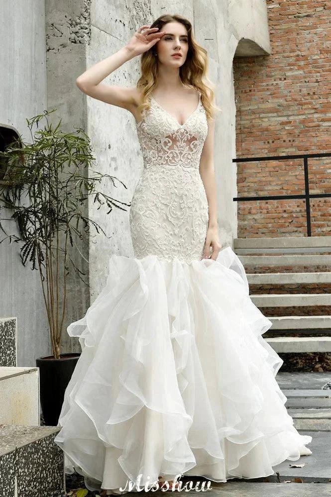 V-Neck Sleeveless Floral Lace Mermaid Bridal Gown Garden Puffy Tulle Slim Wedding Dress by misshow.com