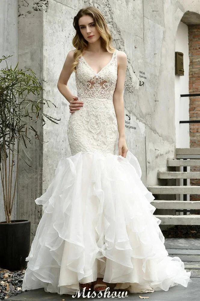 V-Neck Sleeveless Floral Lace Mermaid Bridal Gown Garden Puffy Tulle Slim Wedding Dress by misshow.com