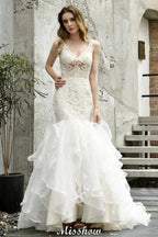 V-Neck Sleeveless Floral Lace Mermaid Bridal Gown Garden Puffy Tulle Slim Wedding Dress by misshow.com
