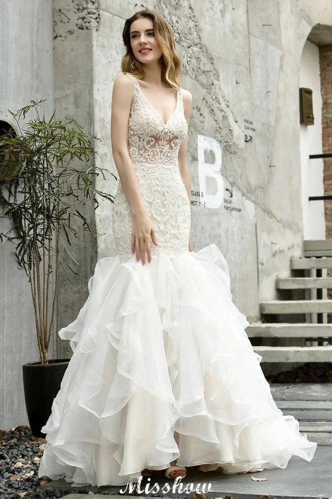 V-Neck Sleeveless Floral Lace Mermaid Bridal Gown Garden Puffy Tulle Slim Wedding Dress by misshow.com