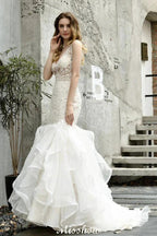 V-Neck Sleeveless Floral Lace Mermaid Bridal Gown Garden Puffy Tulle Slim Wedding Dress by misshow.com