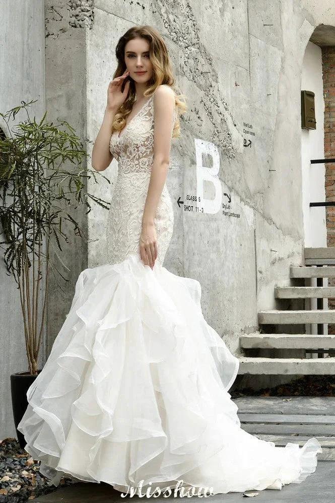 V-Neck Sleeveless Floral Lace Mermaid Bridal Gown Garden Puffy Tulle Slim Wedding Dress by misshow.com
