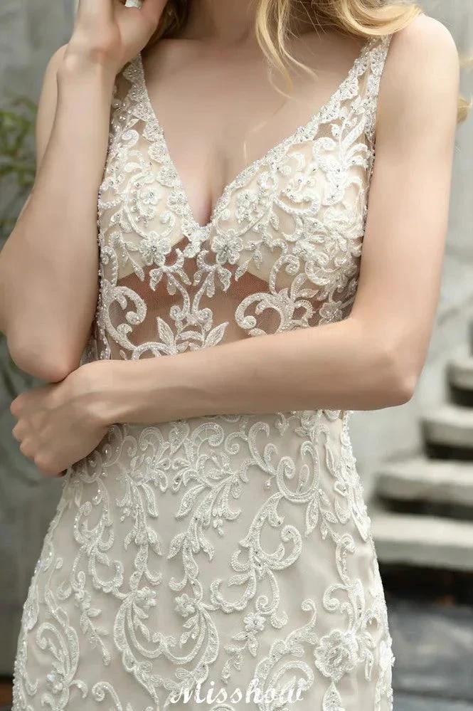 V-Neck Sleeveless Floral Lace Mermaid Bridal Gown Garden Puffy Tulle Slim Wedding Dress by misshow.com
