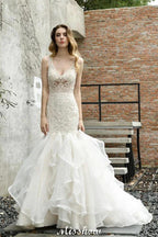 V-Neck Sleeveless Floral Lace Mermaid Bridal Gown Garden Puffy Tulle Slim Wedding Dress by misshow.com