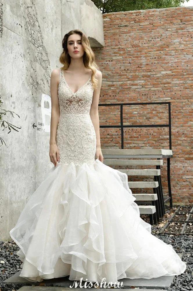 V-Neck Sleeveless Floral Lace Mermaid Bridal Gown Garden Puffy Tulle Slim Wedding Dress by misshow.com
