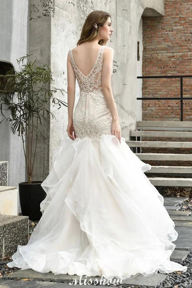 V-Neck Sleeveless Floral Lace Mermaid Bridal Gown Garden Puffy Tulle Slim Wedding Dress by misshow.com