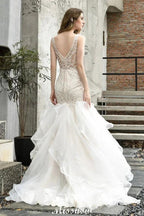 V-Neck Sleeveless Floral Lace Mermaid Bridal Gown Garden Puffy Tulle Slim Wedding Dress by misshow.com
