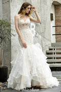 V-Neck Sleeveless Floral Lace Mermaid Bridal Gown Garden Puffy Tulle Slim Wedding Dress by misshow.com