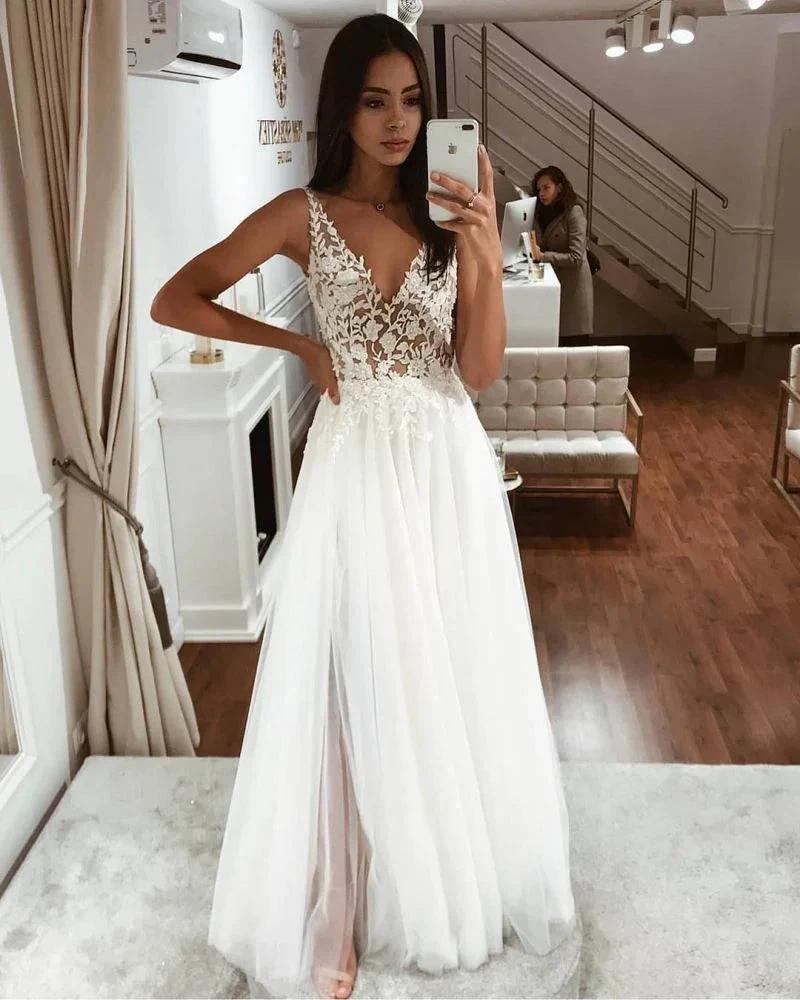 V-Neck Sleeveless Lace Tulle Beach Wedding Dress by misshow.com
