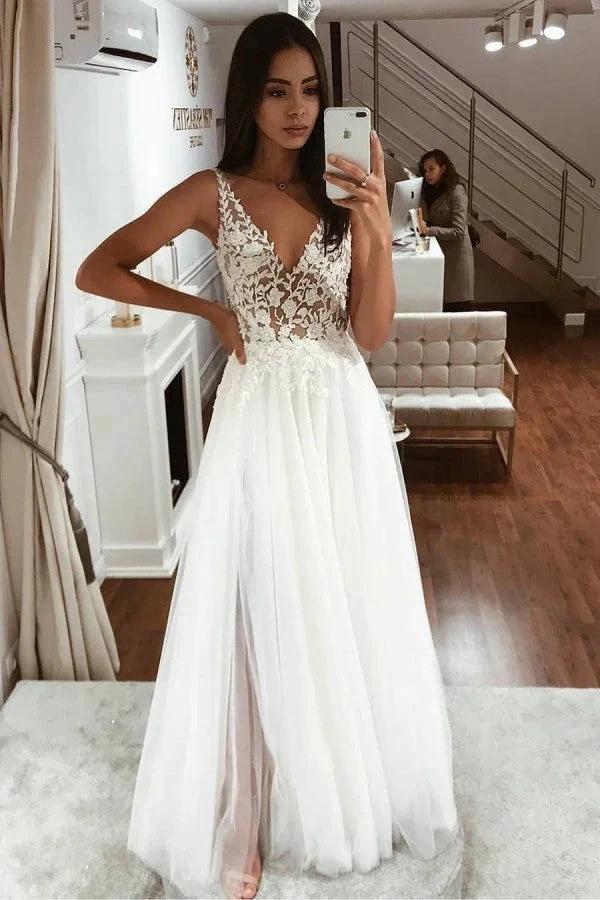 V-Neck Sleeveless Lace Tulle Beach Wedding Dress by misshow.com