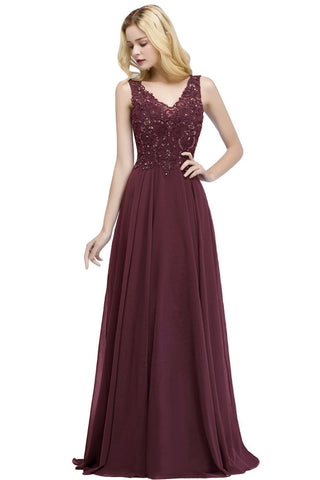 V-Ausschnitt Ärmellos Langes Chiffon Ballkleid mit Kristallen und Applikationen
