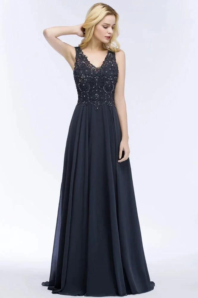 V-neck Sleeveless Long Appliqued Crystals Chiffon Prom Dresses by misshow.com