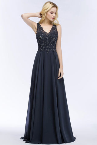 V-Ausschnitt Ärmellos Langes Chiffon Ballkleid mit Kristallen und Applikationen
