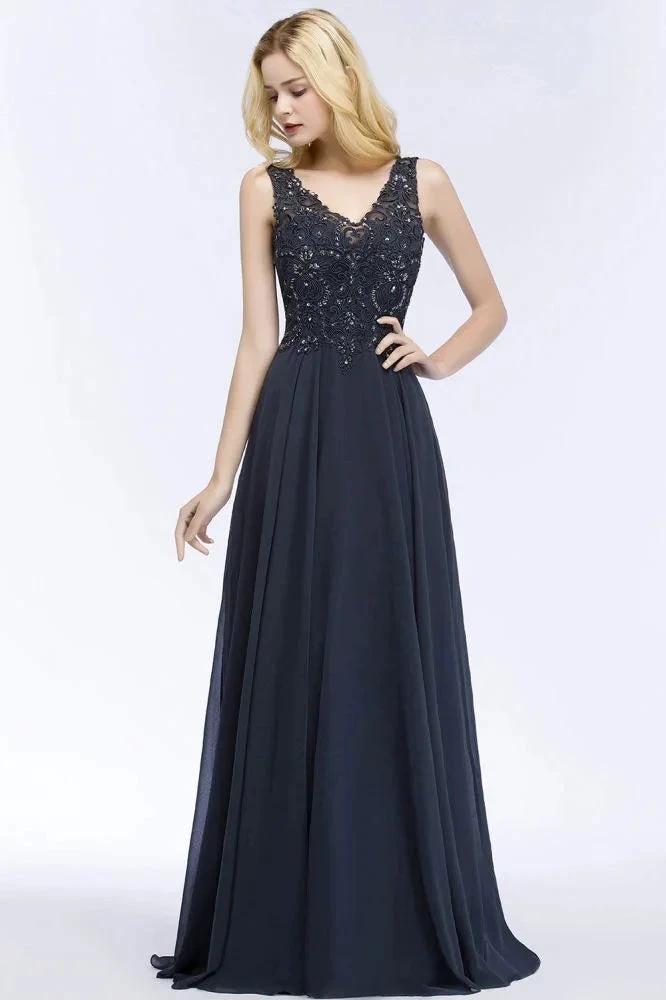 V-neck Sleeveless Long Appliqued Crystals Chiffon Prom Dresses by misshow.com