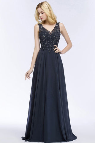 V-Ausschnitt Ärmellos Langes Chiffon Ballkleid mit Kristallen und Applikationen
