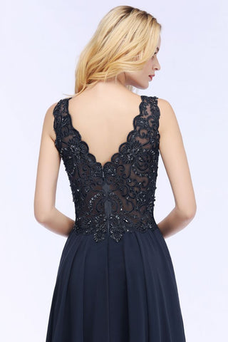 V-Ausschnitt Ärmellos Langes Chiffon Ballkleid mit Kristallen und Applikationen