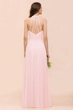 V-Neck Sleeveless Maxi Bridesmaid Dress Pink Chiffon Beach Wedding Dress by misshow.com