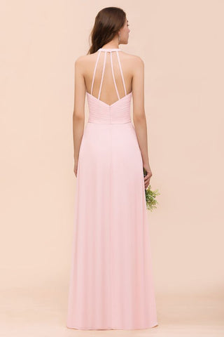 Vestido maxi de dama de honor sin mangas con cuello en V, de gasa rosa, para boda en la playa