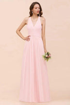 V-Neck Sleeveless Maxi Bridesmaid Dress Pink Chiffon Beach Wedding Dress by misshow.com