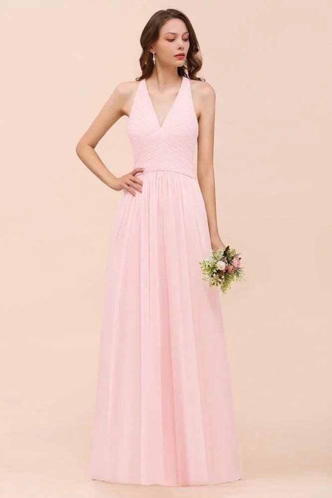 V-Neck Sleeveless Maxi Bridesmaid Dress Pink Chiffon Beach Wedding Dress by misshow.com