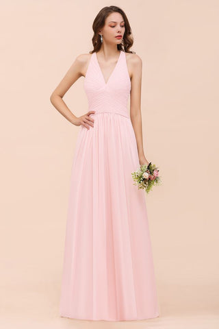 Vestido maxi de dama de honor sin mangas con cuello en V, de gasa rosa, para boda en la playa