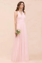V-Neck Sleeveless Maxi Bridesmaid Dress Pink Chiffon Beach Wedding Dress by misshow.com