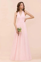 V-Neck Sleeveless Maxi Bridesmaid Dress Pink Chiffon Beach Wedding Dress by misshow.com