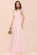 V-Neck Sleeveless Maxi Bridesmaid Dress Pink Chiffon Beach Wedding Dress by misshow.com