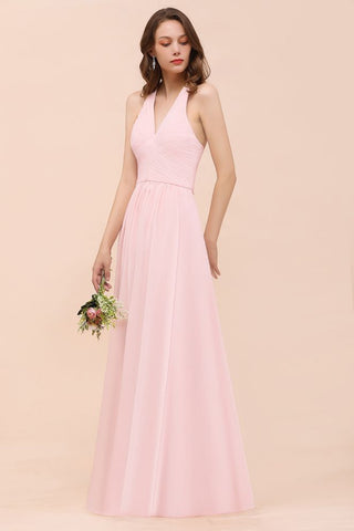 Vestido maxi de dama de honor sin mangas con cuello en V, de gasa rosa, para boda en la playa