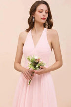 V-Neck Sleeveless Maxi Bridesmaid Dress Pink Chiffon Beach Wedding Dress by misshow.com