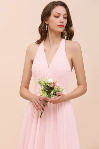 Vestido maxi de dama de honor sin mangas con cuello en V, de gasa rosa, para boda en la playa