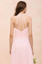 V-Neck Sleeveless Maxi Bridesmaid Dress Pink Chiffon Beach Wedding Dress by misshow.com