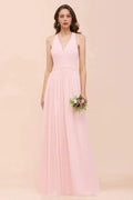 V-Neck Sleeveless Maxi Bridesmaid Dress Pink Chiffon Beach Wedding Dress by misshow.com