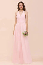V-Neck Sleeveless Maxi Bridesmaid Dress Pink Chiffon Beach Wedding Dress by misshow.com