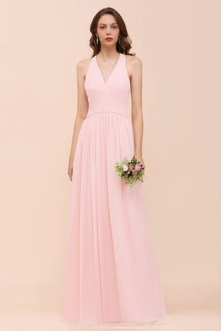 Vestido maxi de dama de honor sin mangas con cuello en V, de gasa rosa, para boda en la playa