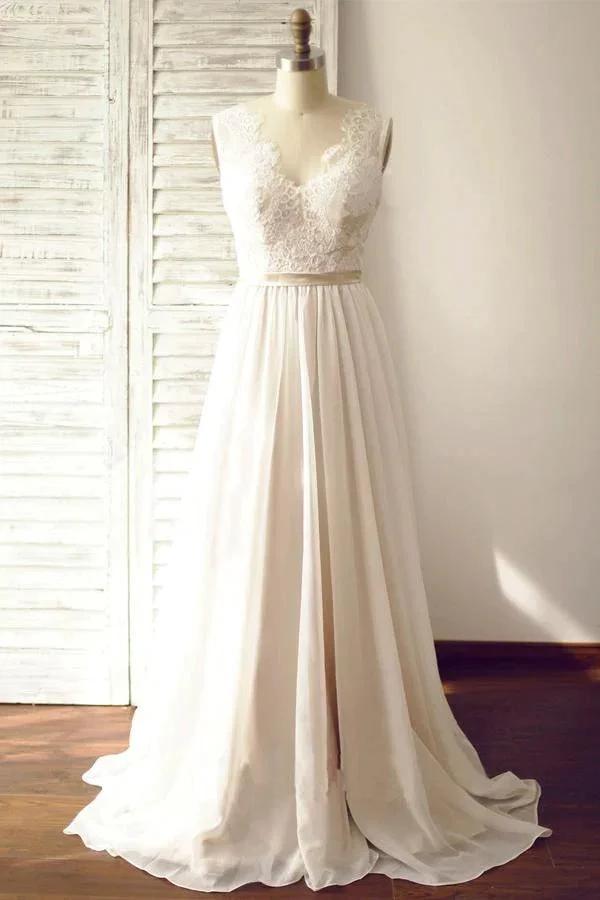 V-neck Sleeveless Open Back Wedding Dress with Lace Sash PG200 by pgmdress