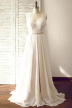 V-neck Sleeveless Open Back Wedding Dress with Lace Sash PG200 by pgmdress
