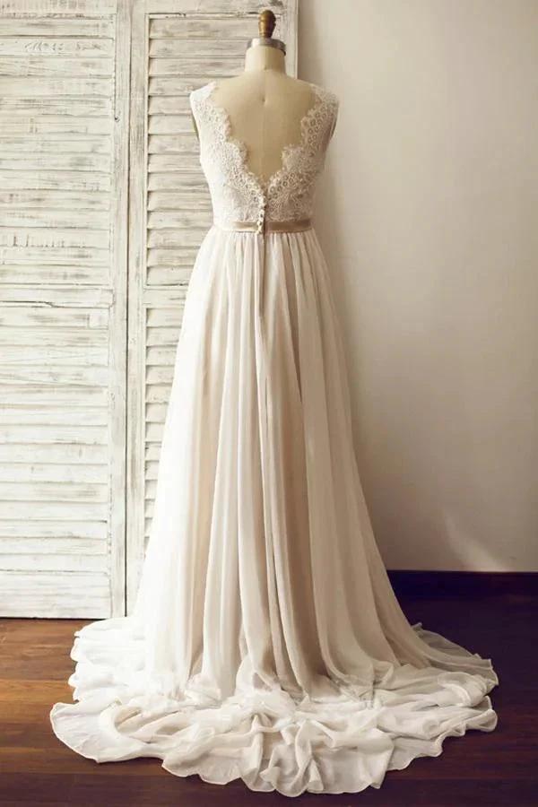 V-neck Sleeveless Open Back Wedding Dress with Lace Sash PG200 by pgmdress
